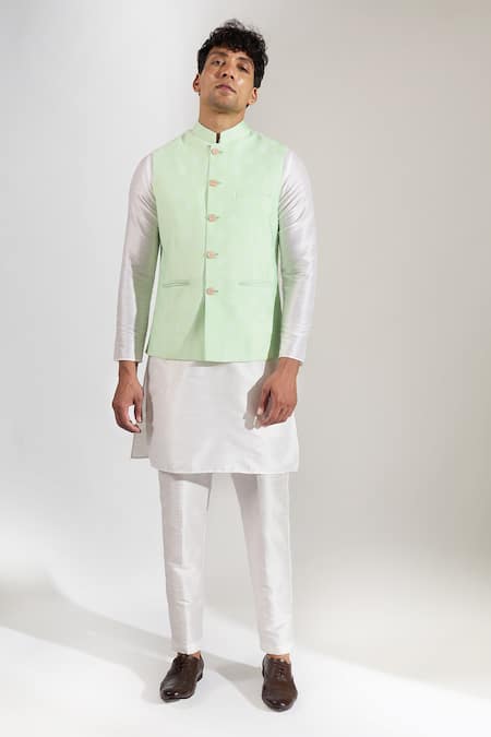 Buy_Rng Safawala_Green Silk Zari Motif Print Bundi _Online_at_Aza_Fashions