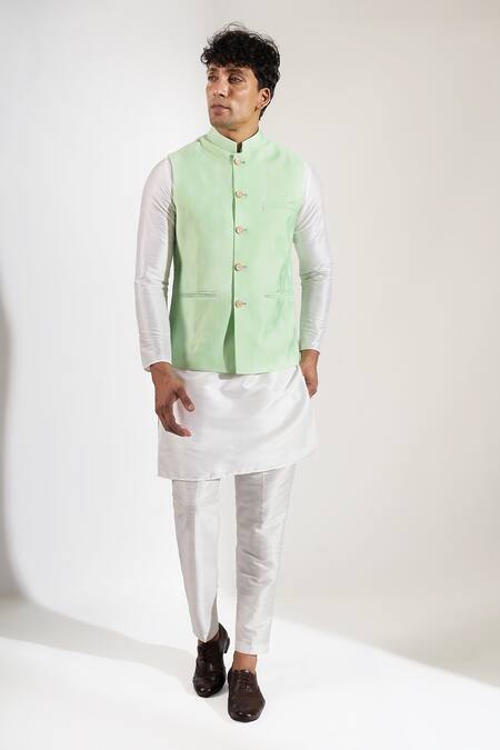 Shop_Rng Safawala_Green Silk Zari Motif Print Bundi _Online_at_Aza_Fashions