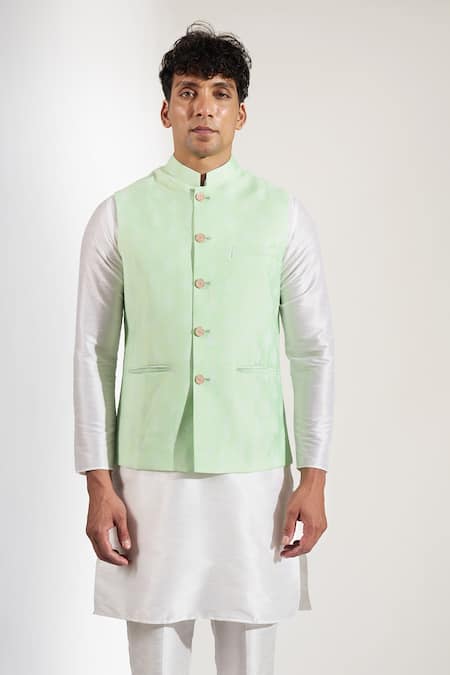 Rng Safawala_Green Silk Zari Motif Print Bundi _at_Aza_Fashions