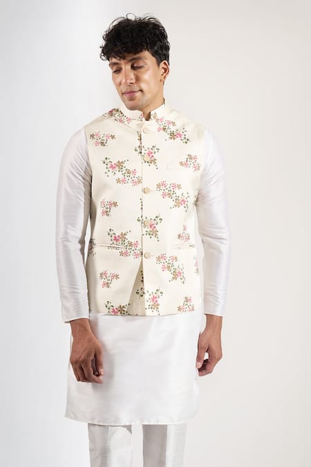 Rng Safawala_Off White Floral Print Bundi With Metal Buttons _Online_at_Aza_Fashions