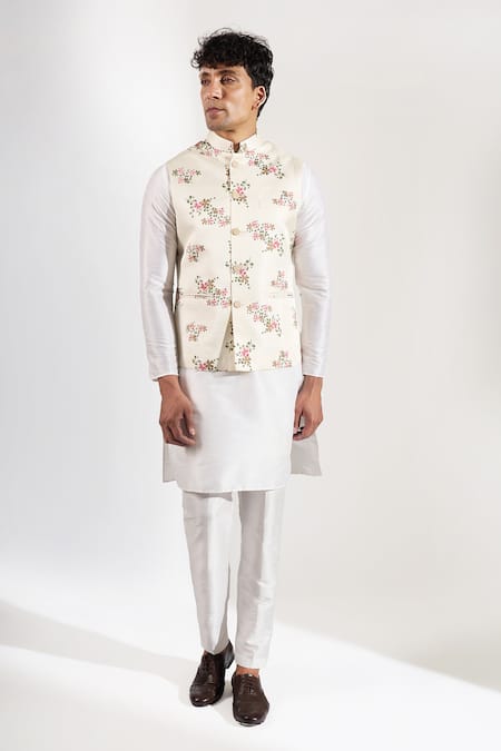 Buy_Rng Safawala_Off White Floral Print Bundi With Metal Buttons _Online_at_Aza_Fashions