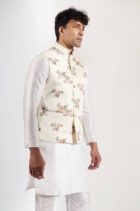 Rng Safawala_Off White Floral Print Bundi With Metal Buttons _at_Aza_Fashions