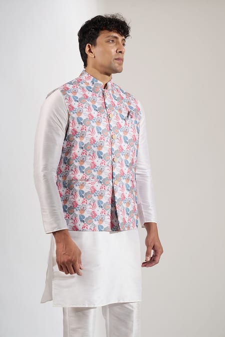 Rng Safawala_Off White Cotton, Silk Floral Print Bundi  _Online_at_Aza_Fashions