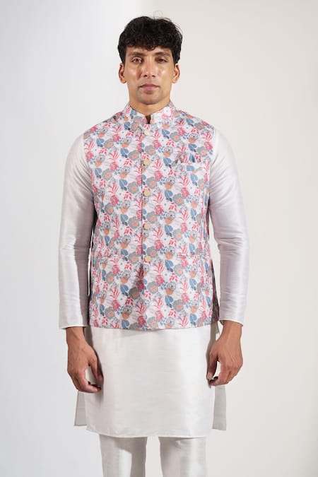 Buy_Rng Safawala_Off White Cotton, Silk Floral Print Bundi  _Online_at_Aza_Fashions