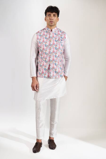Shop_Rng Safawala_Off White Cotton, Silk Floral Print Bundi  _Online_at_Aza_Fashions