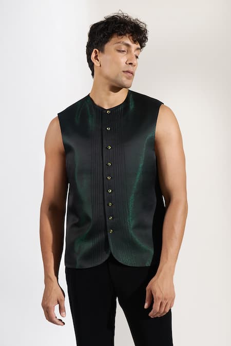 Rng Safawala_Black Dupion, Silk Textured Achkan And Pant Set _Online_at_Aza_Fashions