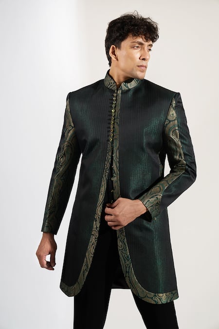 Buy_Rng Safawala_Black Dupion, Silk Textured Achkan And Pant Set _Online_at_Aza_Fashions