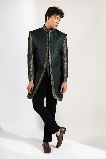 Shop_Rng Safawala_Black Dupion, Silk Textured Achkan And Pant Set _Online_at_Aza_Fashions