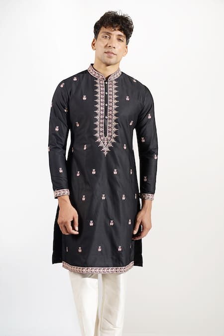 Rng Safawala_Black Dupion Embroidery, Sequins Thread And Kurta Set _Online_at_Aza_Fashions
