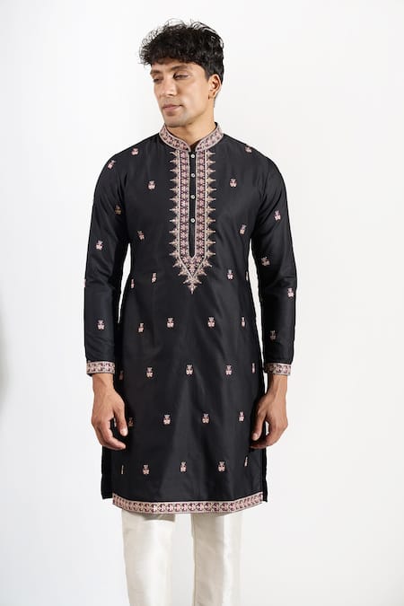 Shop_Rng Safawala_Black Dupion Embroidery, Sequins Thread And Kurta Set _Online_at_Aza_Fashions