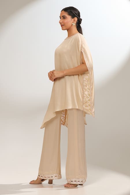 Laxmishriali_Beige Silk Embroidery, Metallic Thread, Cut Work Round Aura Kaftan And Pant Set _Online_at_Aza_Fashions