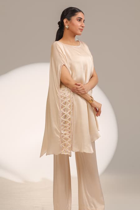 Buy_Laxmishriali_Beige Silk Embroidery, Metallic Thread, Cut Work Round Aura Kaftan And Pant Set _Online_at_Aza_Fashions