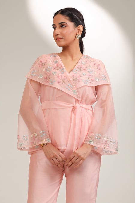 Laxmishriali_Peach Organza, Chanderi Embroidery, Sequins, Harmony Sheer Jacket And Pant Set _Online_at_Aza_Fashions