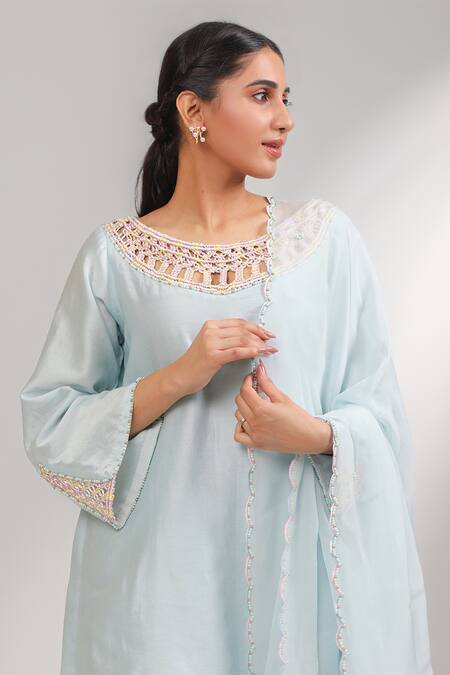 Laxmishriali_Blue Chanderi, Organza Embroidery, Cut Work, Sequins Seraphina Kurta Pant Set _Online_at_Aza_Fashions