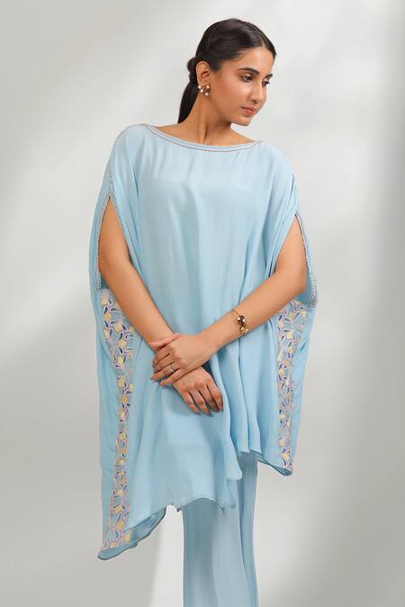Laxmishriali_Sky Blue Crepe Embroidery Boat Neck Celestia Asymmetric Kaftan And Pant Set _Online_at_Aza_Fashions