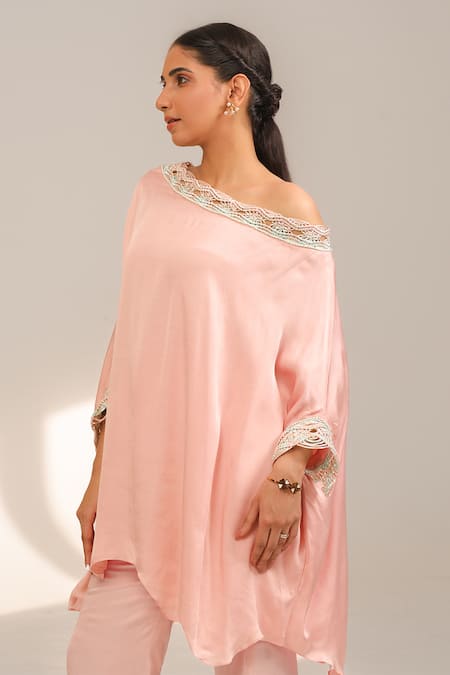 Laxmishriali_Peach Silk Beads, Sequins One Shoulder Rosaline Kaftan And Pant Set _Online_at_Aza_Fashions