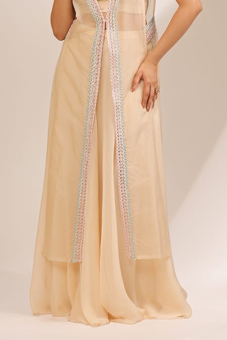 Buy_Laxmishriali_Beige Organza, Silk Embroidery Open Neck, Clementine Sheer Jacket And Skirt Set _Online_at_Aza_Fashions
