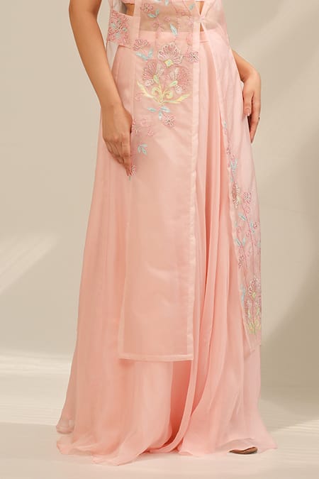 Laxmishriali_Peach Silk, Organza Embroidery, Beads, Sequins Camelia Sheer Jacket Skirt Set _Online_at_Aza_Fashions