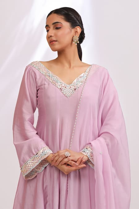 Laxmishriali_Lilac Chanderi, Organza Lace, Embroidery, Tassels V-neck Lavender Anarkali Set _Online_at_Aza_Fashions