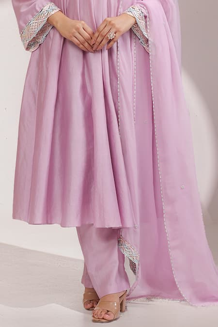 Buy_Laxmishriali_Lilac Chanderi, Organza Lace, Embroidery, Tassels V-neck Lavender Anarkali Set _Online_at_Aza_Fashions