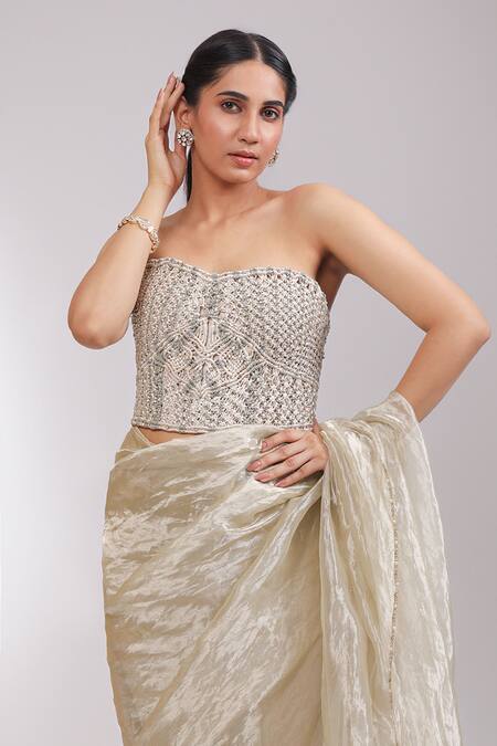 Laxmishriali_Off White Satin, Tissue Beads, Embroidery, Aurelia Draped Saree With Blouse _Online_at_Aza_Fashions