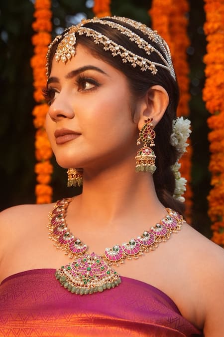 Shop_Amaara Jewels_Gold Plated Stones, Pearls Gulbahar Pachi Kundan Ruby Necklace Set _Online_at_Aza_Fashions