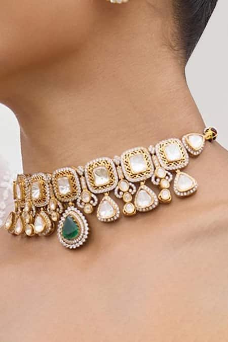 Shop_Amaara Jewels_Gold Plated Gemstones, Ayira Moissanite And Emerald Sleek Necklace Set _Online_at_Aza_Fashions