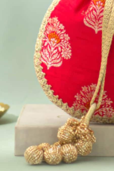 Buy_Amyra_Red Zari, Embroidery, Tassels, Beads Rangriti Zardozi Potli Bag_Online_at_Aza_Fashions