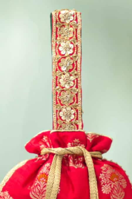 Shop_Amyra_Red Zari, Embroidery, Tassels, Beads Rangriti Zardozi Potli Bag_Online_at_Aza_Fashions