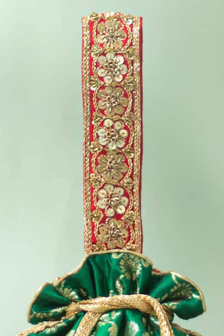 Amyra_Green Tassels, Embroidery, Sequins, Beads Yasmi Floral Brocade Potli Bag_Online_at_Aza_Fashions