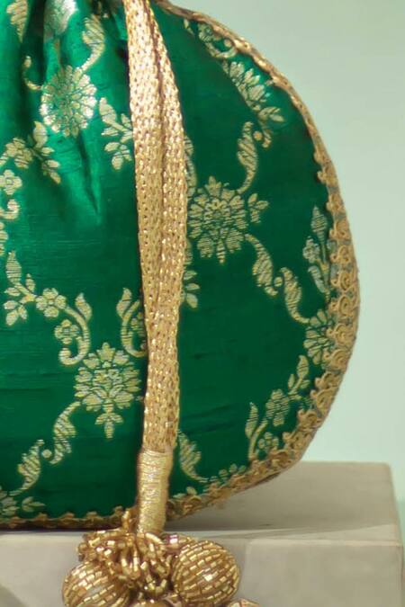 Buy_Amyra_Green Tassels, Embroidery, Sequins, Beads Yasmi Floral Brocade Potli Bag_Online_at_Aza_Fashions