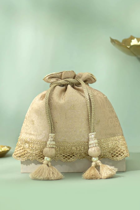 Amyra Beige Tassels, Beads, Metallic Thread Nira Katan Silk Woven Potli Bag 