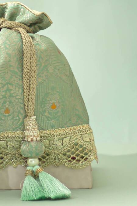 Amyra_Green Tassels, Beads, Metallic Thread Ruva Katan Silk Woven Potli Bag_Online_at_Aza_Fashions