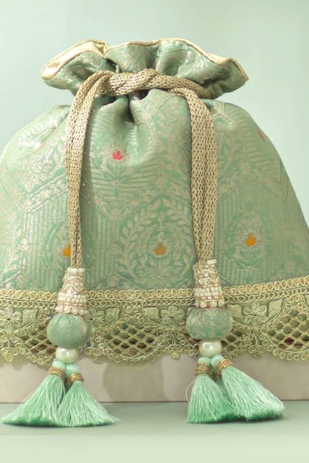Shop_Amyra_Green Tassels, Beads, Metallic Thread Ruva Katan Silk Woven Potli Bag_Online_at_Aza_Fashions