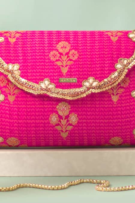 Shop_Amyra_Pink Metallic Thread, Sequins Bahar Floral Motif Clutch_Online_at_Aza_Fashions
