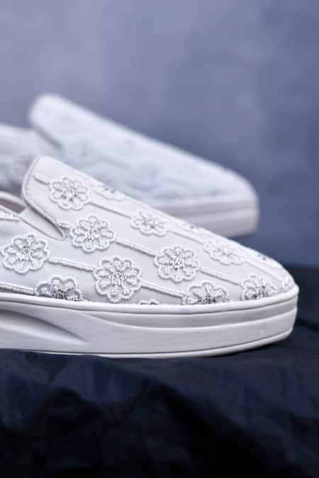 Around Always_Silver Flora Beadwork Embroidered Sneakers _Online_at_Aza_Fashions