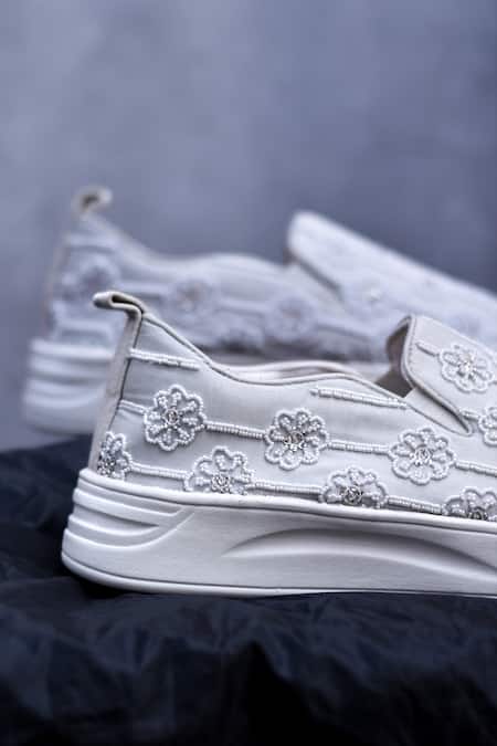 Buy_Around Always_Silver Flora Beadwork Embroidered Sneakers _Online_at_Aza_Fashions