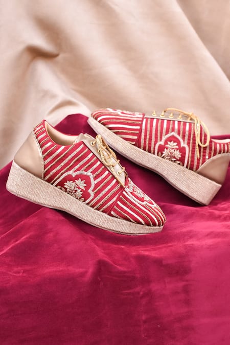 Around Always_Red Gulnaar Embroidered Wedge Sneakers _Online_at_Aza_Fashions