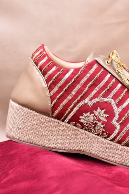 Buy_Around Always_Red Gulnaar Embroidered Wedge Sneakers _Online_at_Aza_Fashions