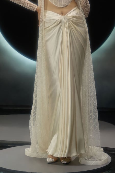 Couture By Niharika_Ivory Satin, Net Embroidery, Sequins, Beads Square Amorette Jacket Skirt Set _Online_at_Aza_Fashions