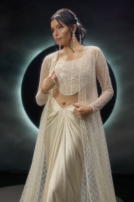 Buy_Couture By Niharika_Ivory Satin, Net Embroidery, Sequins, Beads Square Amorette Jacket Skirt Set _Online_at_Aza_Fashions