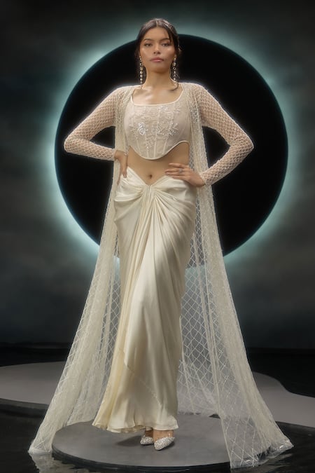 Shop_Couture By Niharika_Ivory Satin, Net Embroidery, Sequins, Beads Square Amorette Jacket Skirt Set _Online_at_Aza_Fashions