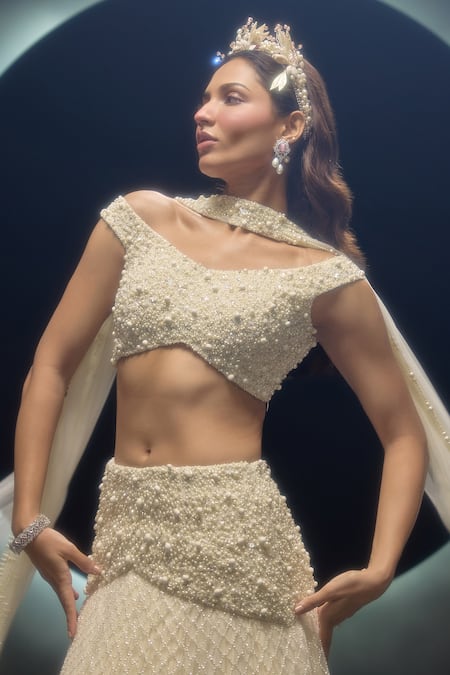Couture By Niharika_Ivory Net, Viscose Pearls, Embroidery, Beads Liora Hand Lehenga Set _Online_at_Aza_Fashions