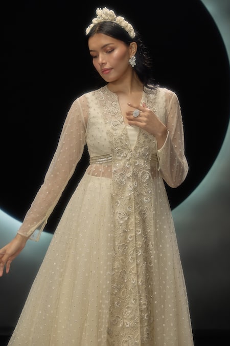 Buy Couture By Niharika Ivory Net Embroidery, Sequins V-, Open Evania Hand Jacket Skirt Set Online at Aza Fashions Buy_Couture By Niharika_Ivory Net Embroidery, Sequins V-, Open Evania Hand Jacket Skirt Set _Online_at_Aza_Fashions