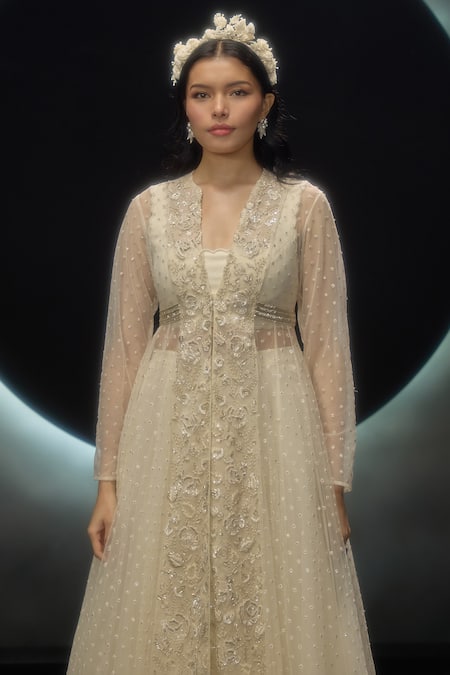 Shop Couture By Niharika Ivory Net Embroidery, Sequins V-, Open Evania Hand Jacket Skirt Set Online at Aza Fashions Shop_Couture By Niharika_Ivory Net Embroidery, Sequins V-, Open Evania Hand Jacket Skirt Set _Online_at_Aza_Fashions