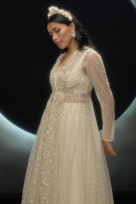 Buy Couture By Niharika Ivory Net Embroidery, Sequins V-, Open Evania Hand Jacket Skirt Set Buy_Couture By Niharika_Ivory Net Embroidery, Sequins V-, Open Evania Hand Jacket Skirt Set