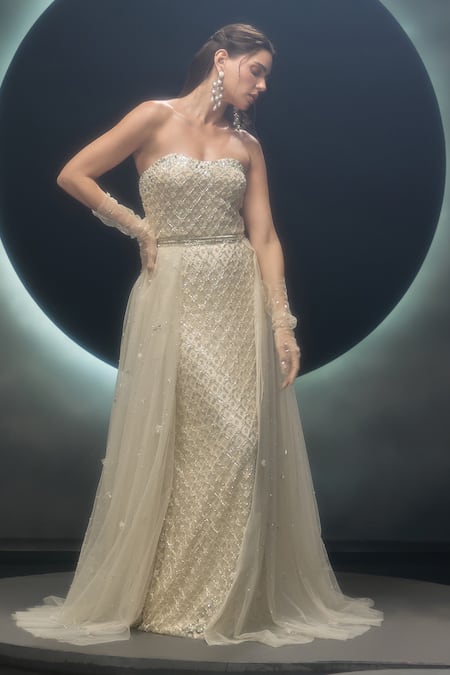 Couture By Niharika_Ivory Net Sequins, Stones, Embroidery, Beads, Radiara Hand Gown With Trail _Online_at_Aza_Fashions