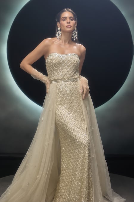 Buy_Couture By Niharika_Ivory Net Sequins, Stones, Embroidery, Beads, Radiara Hand Gown With Trail _Online_at_Aza_Fashions