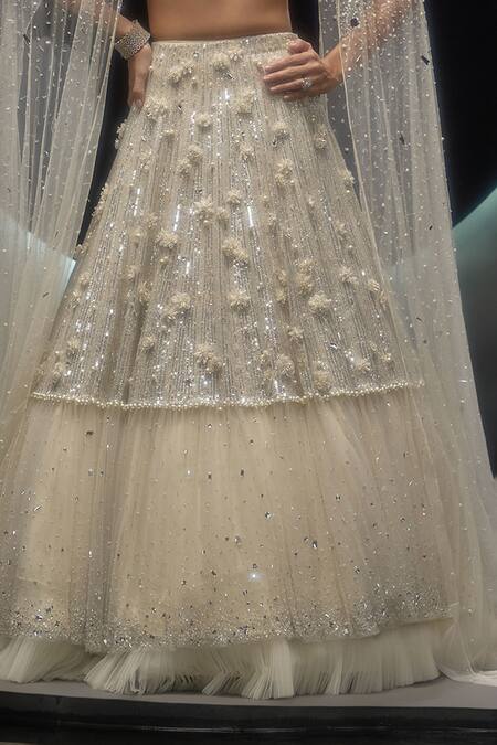Couture By Niharika_Ivory Organza, Net Sequins, Beads, Veilora Hand Embroidered Lehenga With Bustier _Online_at_Aza_Fashions