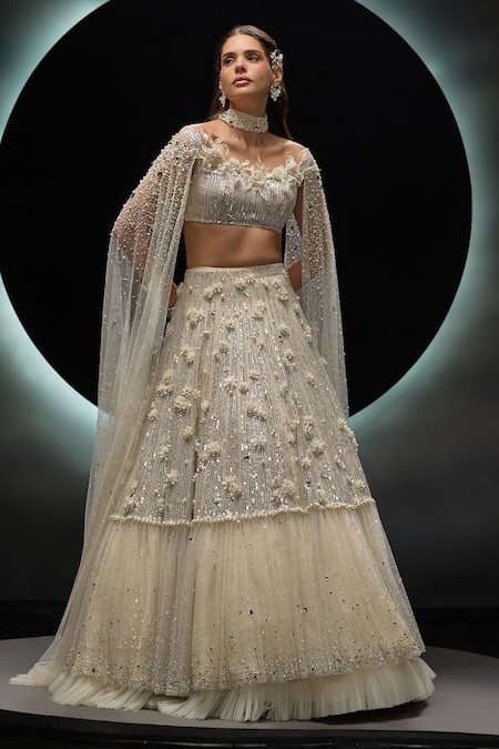 Buy_Couture By Niharika_Ivory Organza, Net Sequins, Beads, Veilora Hand Embroidered Lehenga With Bustier _Online_at_Aza_Fashions